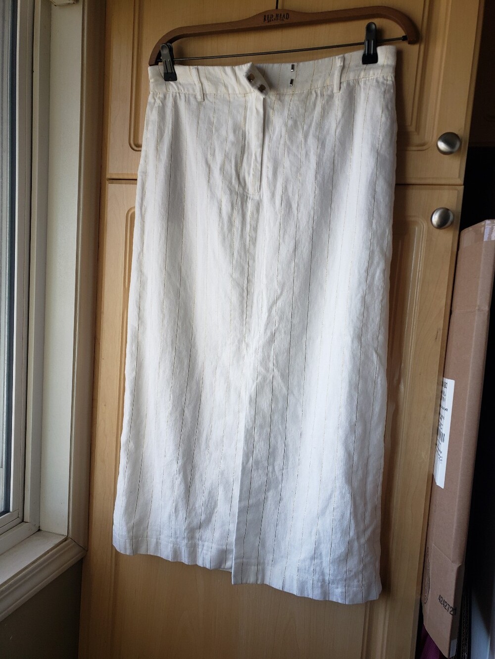 Rachel Zoe Linen Blend White Midi Skirt with Subtle Pinstripes